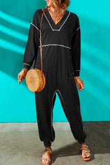 Contrast Stitching Pocketed Dropped Shoulder Jumpsuit - Trendsi