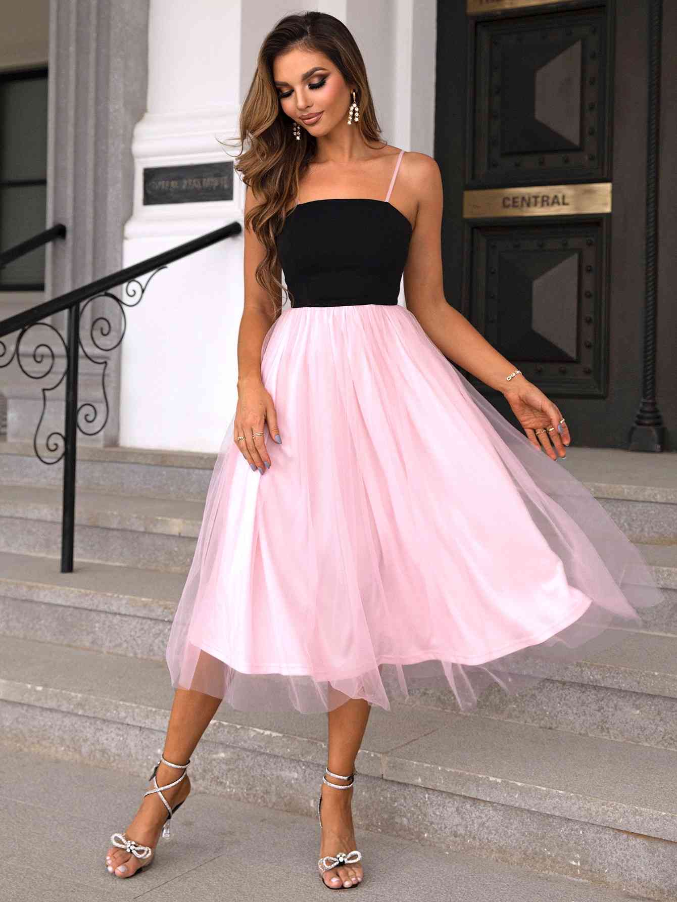 Two-Tone Spaghetti Strap Mesh Dress - Trendsi - Flyclothing LLC