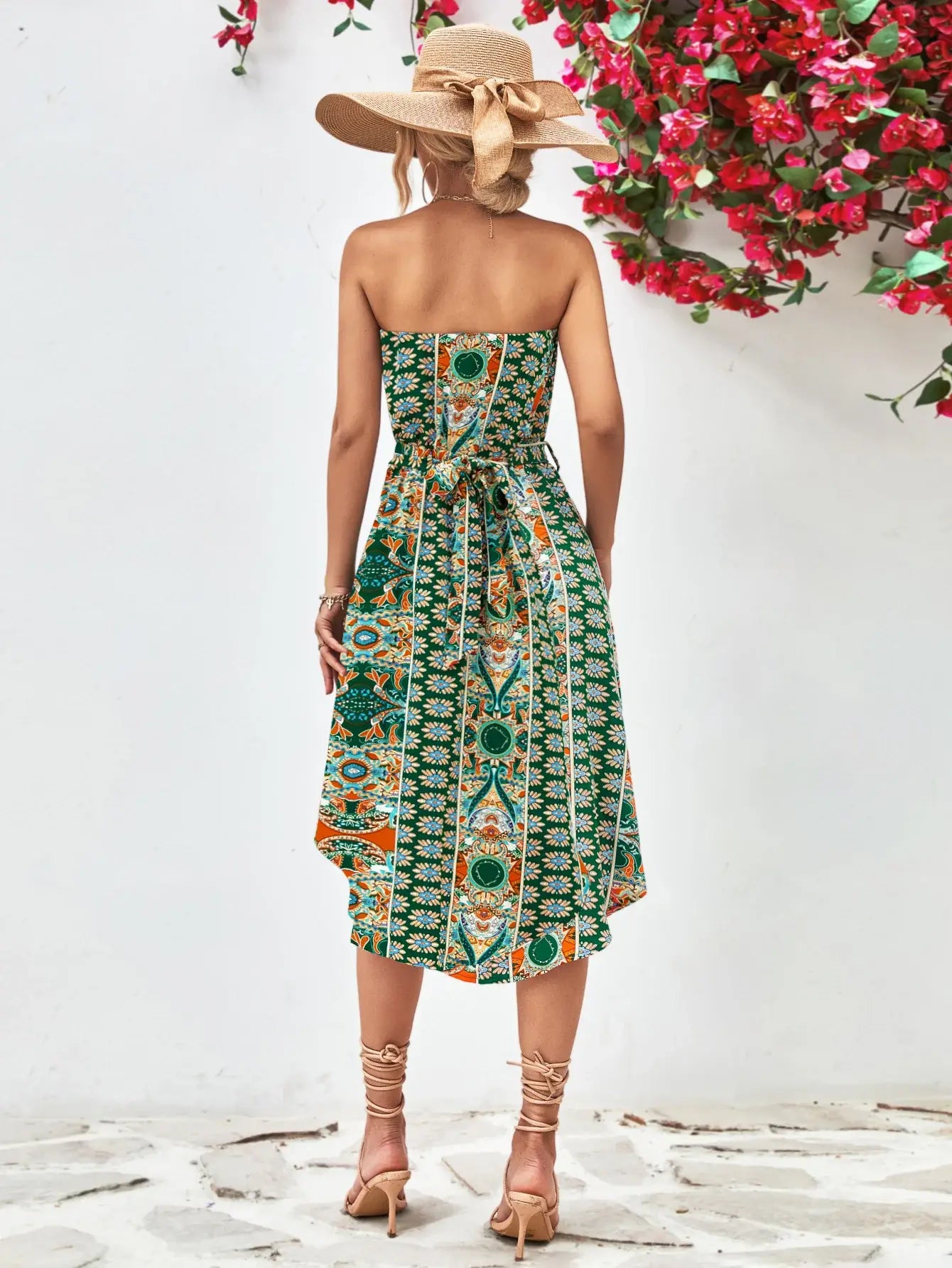 Printed Strapless Tie Belt Dress - Trendsi - Flyclothing LLC