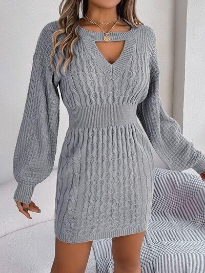 Cable-Knit Cutout Round Neck Slit Sweater - Trendsi