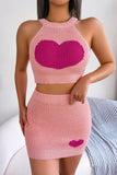 Heart Contrast Ribbed Sleeveless Knit Top and Skirt Set - Trendsi