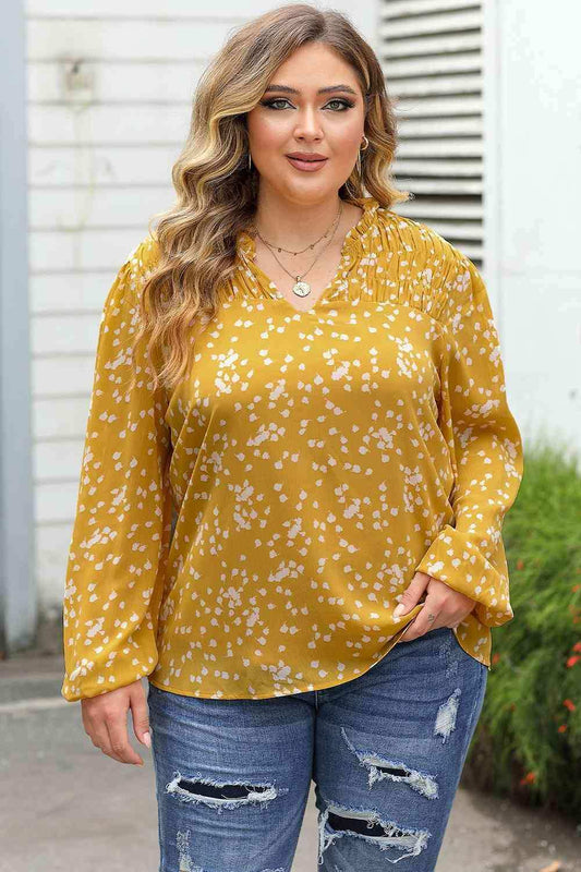 Plus Size Notched Neck Smocked Blouse - Trendsi - Flyclothing LLC
