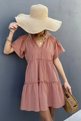 Frill Trim Smocked Tie Neck Dress - Trendsi - Flyclothing LLC