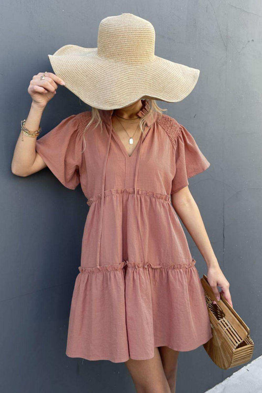 Frill Trim Smocked Tie Neck Dress - Trendsi - Flyclothing LLC