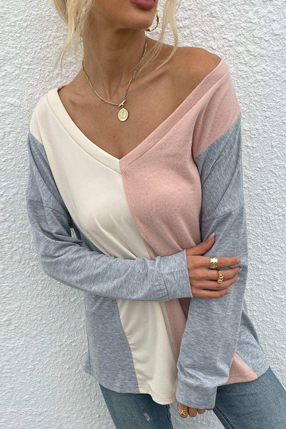 Color Block V-Neck Long Sleeve Blouse - Trendsi - Flyclothing LLC