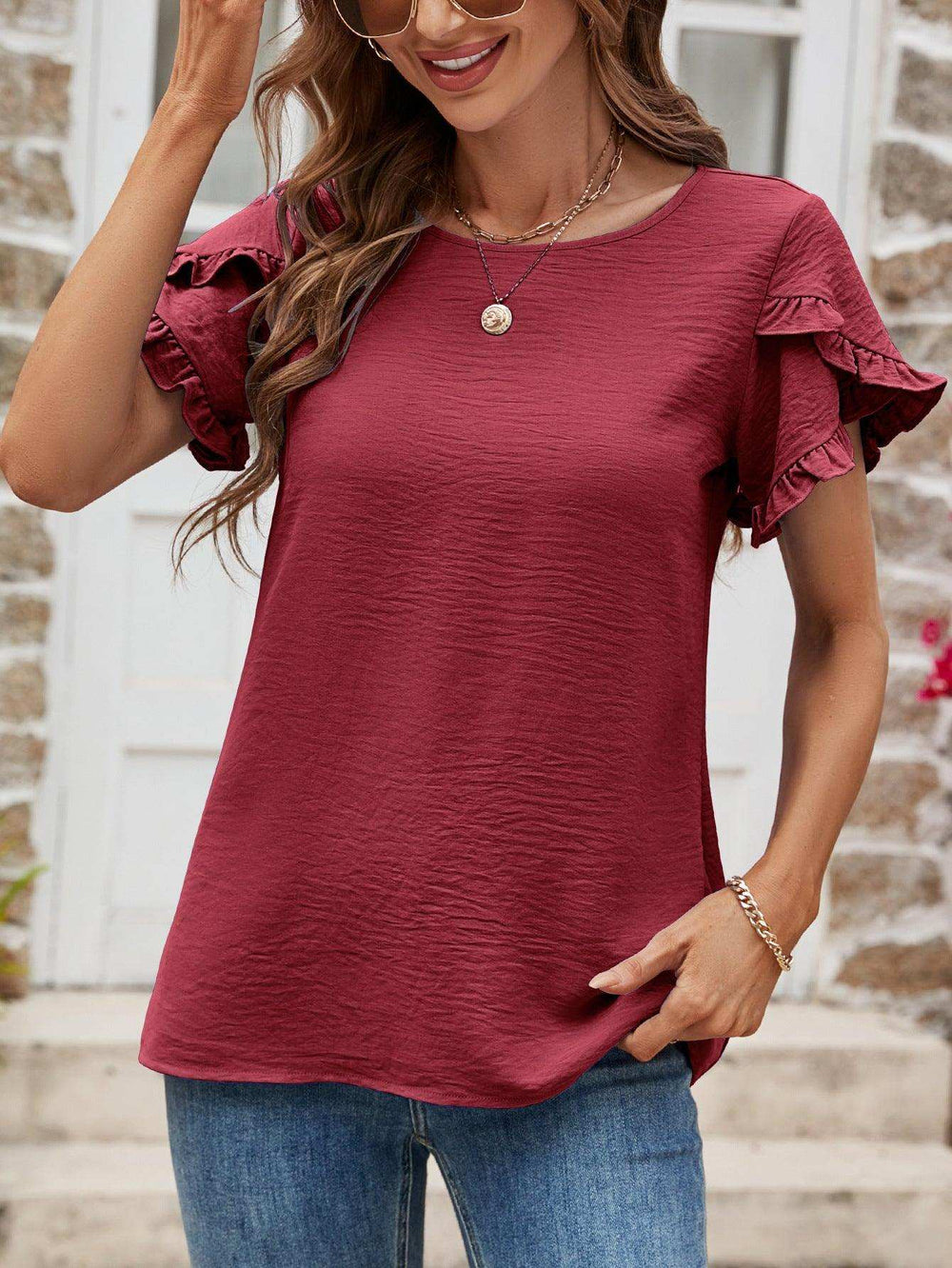 Textured Petal Sleeve Round Neck Tee - Trendsi - Flyclothing LLC