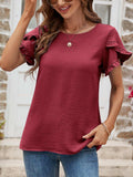 Textured Petal Sleeve Round Neck Tee - Trendsi - Flyclothing LLC