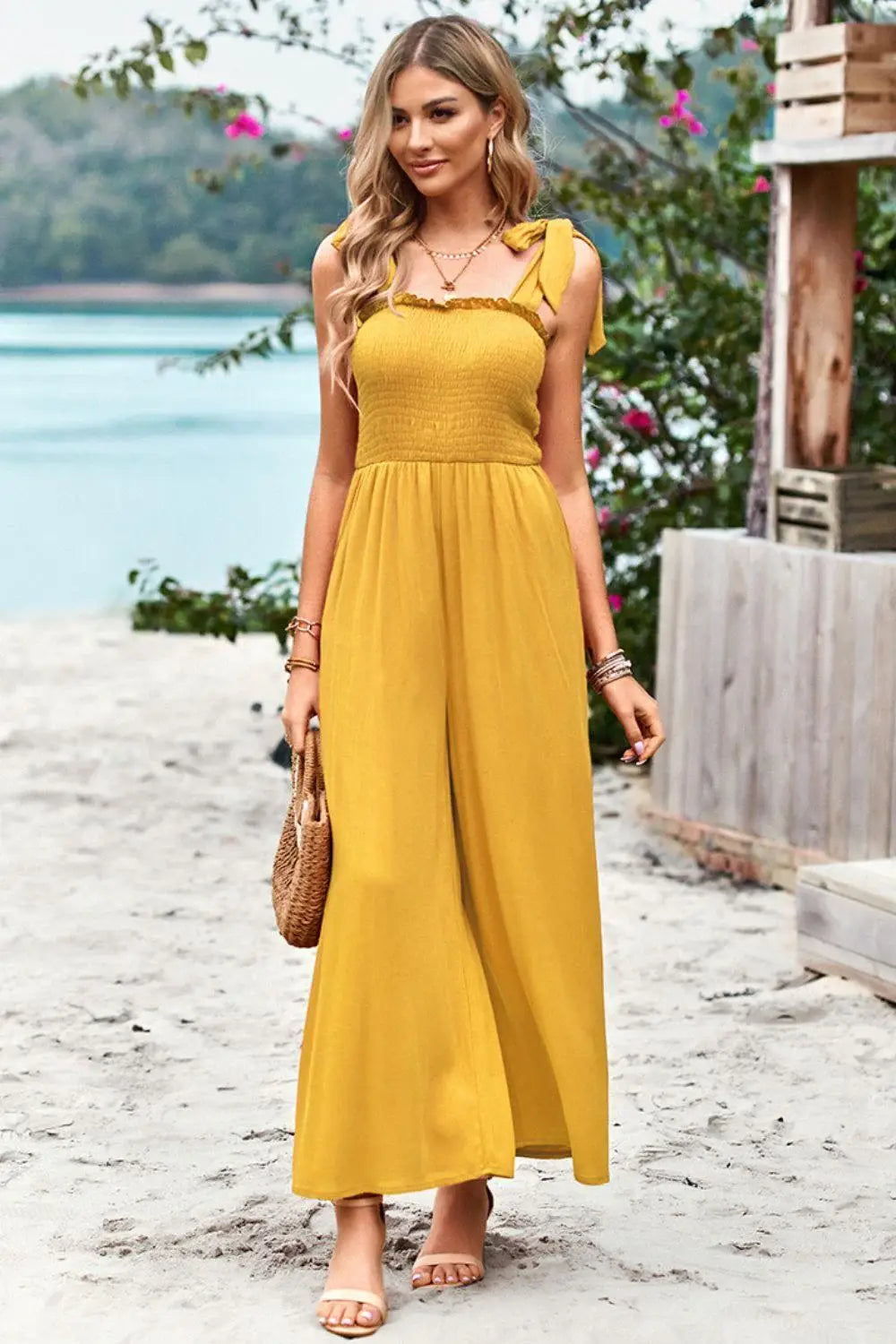 Frill Trim Tie Shoulder Wide Leg Jumpsuit with Pockets - Trendsi - Flyclothing LLC