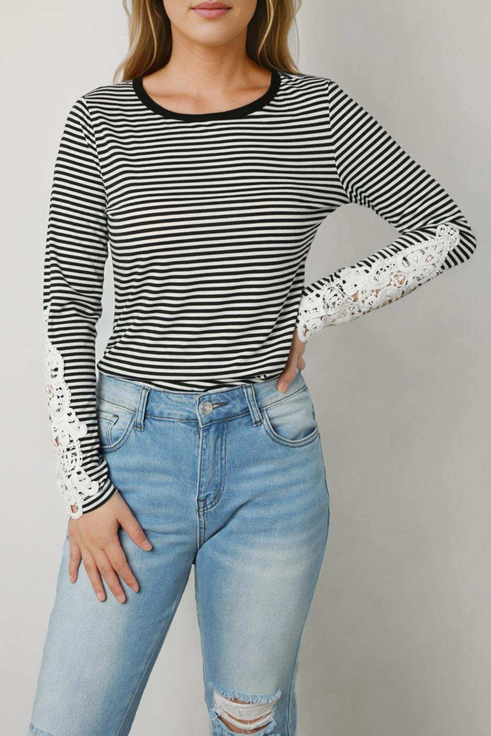 Striped Round Neck Long Sleeve Lace Trim T-Shirt - Trendsi - Flyclothing LLC