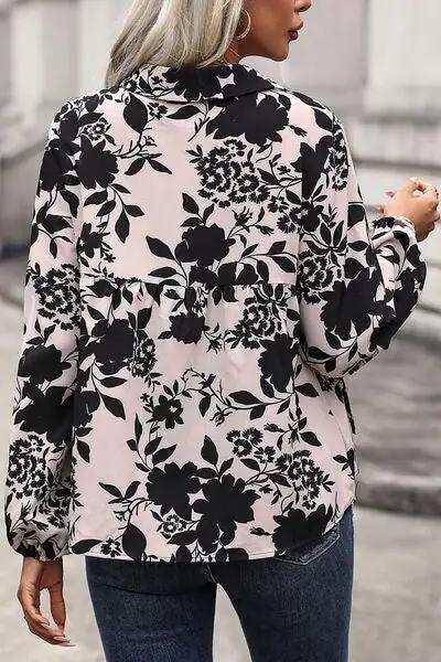 Printed Tie Neck Balloon Sleeve Blouse - Trendsi - Flyclothing LLC