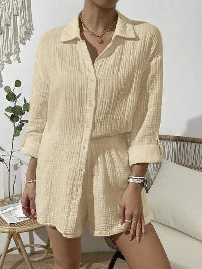 Dropped Shoulder Button Up Top and Elastic Waist Shorts Set - Trendsi - Flyclothing LLC