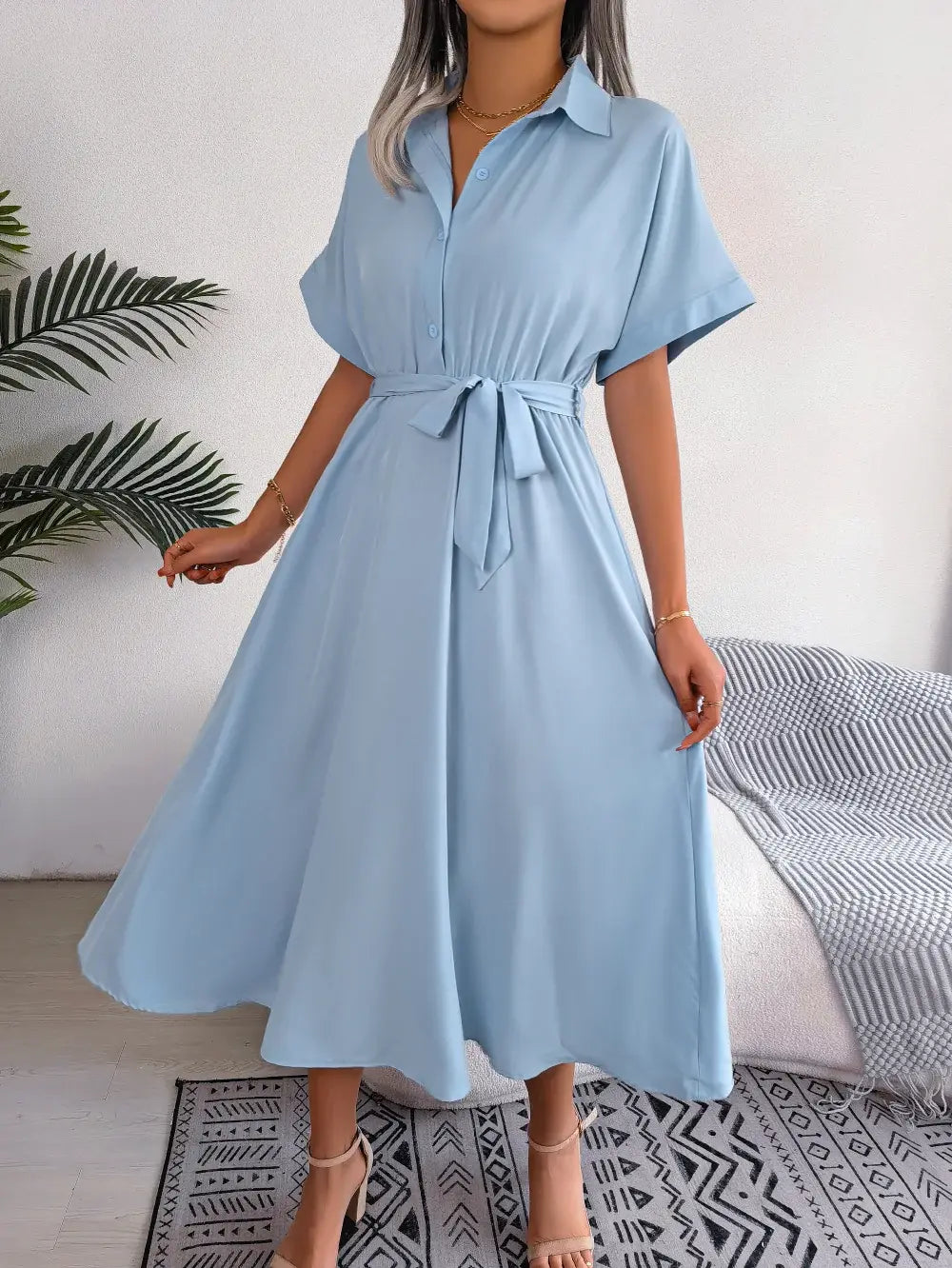 Short Sleeve Collared Tie Belt Dress - Trendsi - Flyclothing LLC