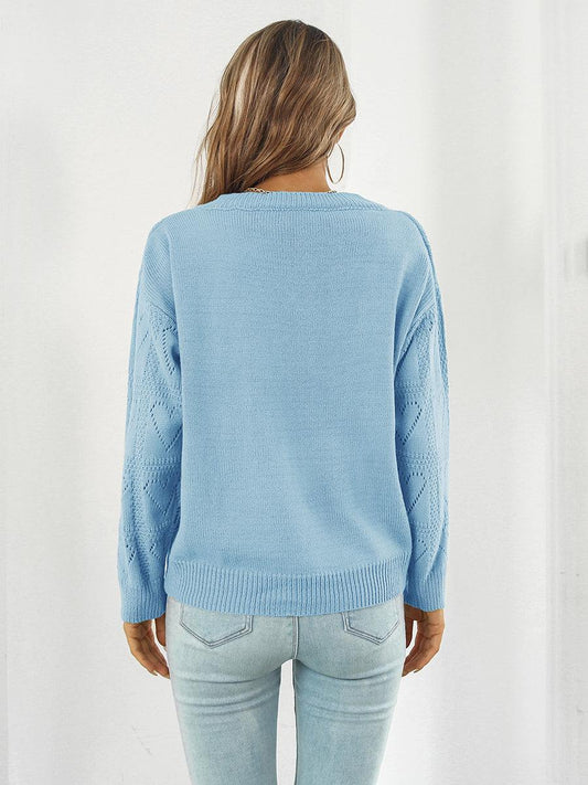 Openwork V-Neck Sweater - Trendsi