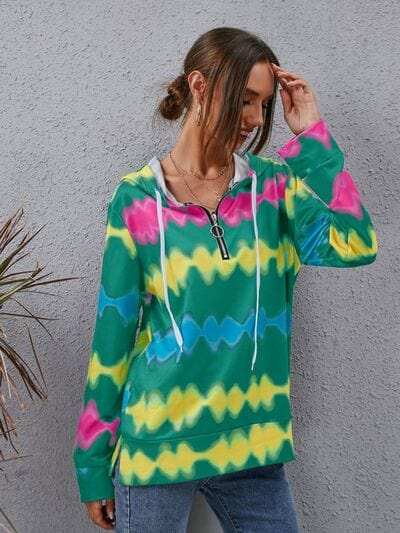 Contrast Quarter Zip Dropped Shoulder Hoodie - Trendsi - Flyclothing LLC