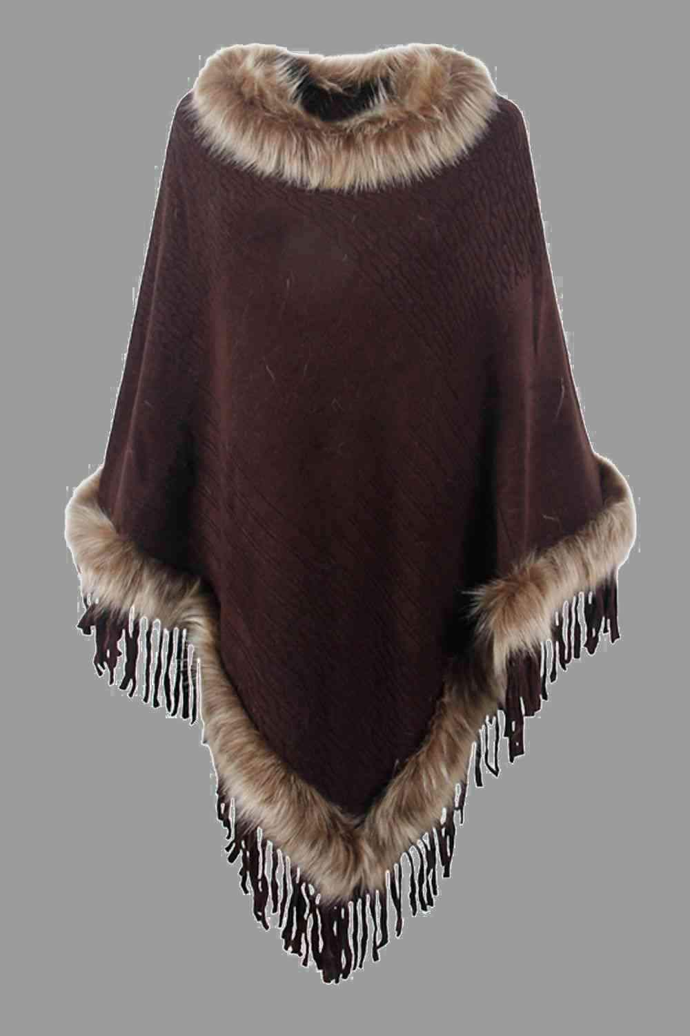 Faux Fur Trim Fringed Poncho - Trendsi - Flyclothing LLC