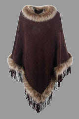 Faux Fur Trim Fringed Poncho - Trendsi - Flyclothing LLC