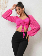 Swiss Dot Drawstring Cropped Blouse - Trendsi - Flyclothing LLC