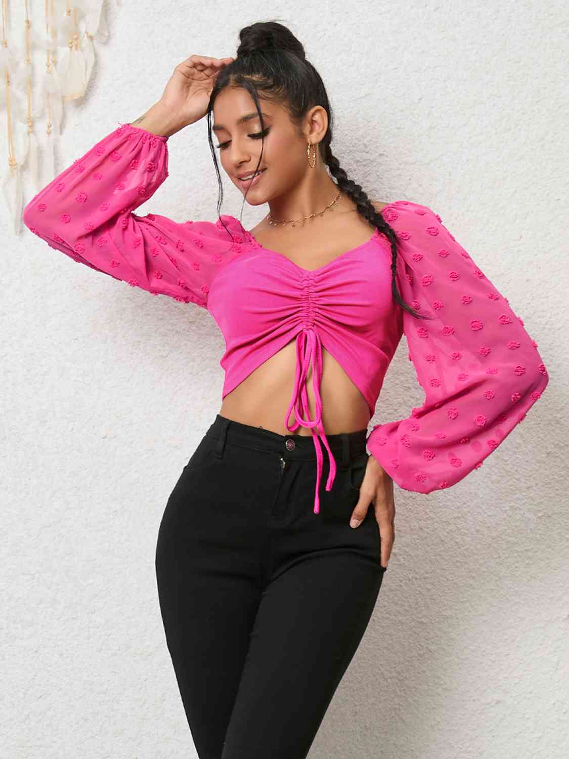 Swiss Dot Drawstring Cropped Blouse - Trendsi - Flyclothing LLC