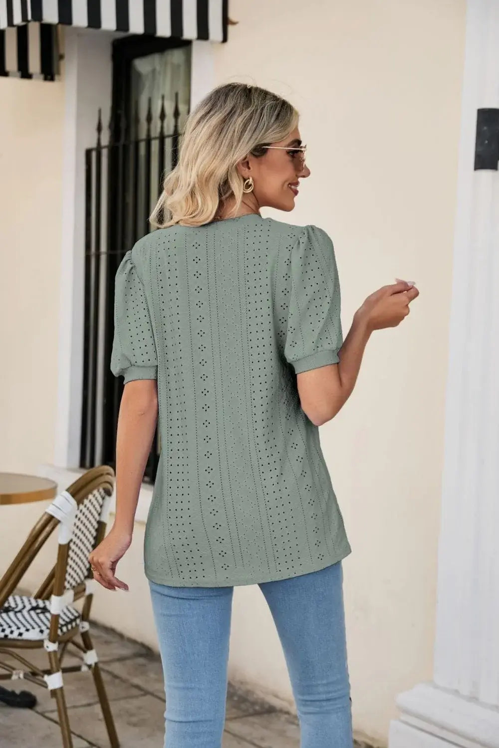 Eyelet Puff Sleeve V-Neck Top - Trendsi - Flyclothing LLC