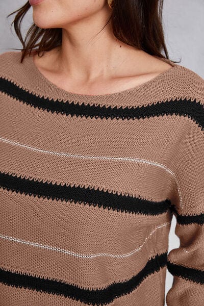 Striped Round Neck Dropped Shoulder Sweater - Flyclothing LLC