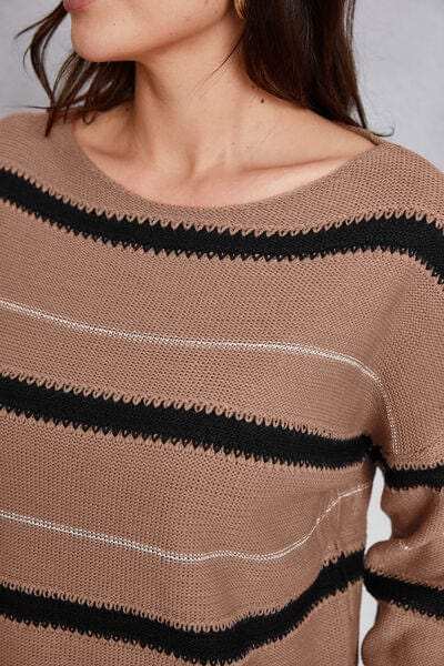 Striped Round Neck Dropped Shoulder Sweater - Trendsi - Flyclothing LLC