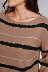 Striped Round Neck Dropped Shoulder Sweater - Flyclothing LLC