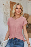 Eyelet Round Neck Rolled Short Sleeve T-Shirt - Trendsi - Flyclothing LLC