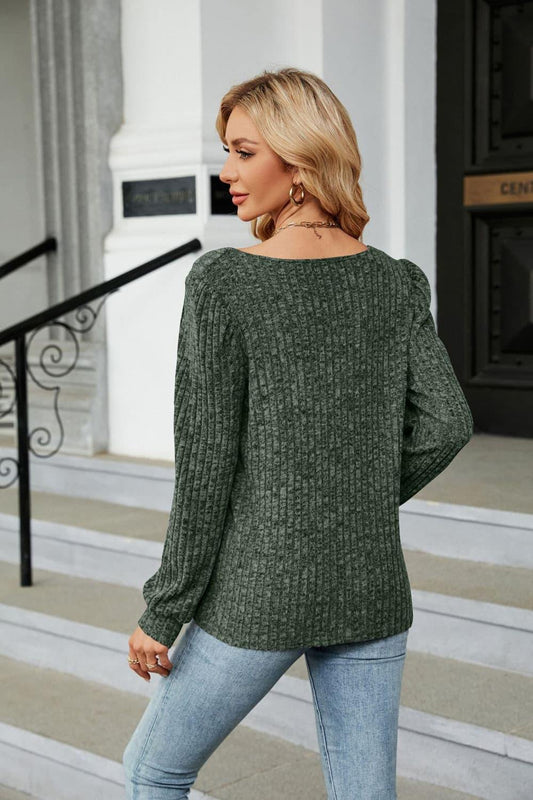 Ribbed Square Neck Long Sleeve T-Shirt - Trendsi