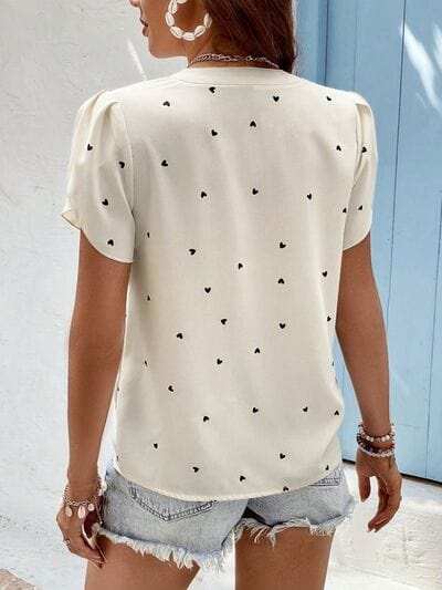 Heart Print Notched Petal Sleeve Blouse - Trendsi - Flyclothing LLC