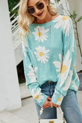 Daisy Print Openwork Round Neck Sweater - Trendsi