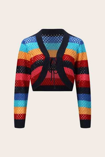 Openwork Color Block Tied Cardigan - Trendsi - Flyclothing LLC