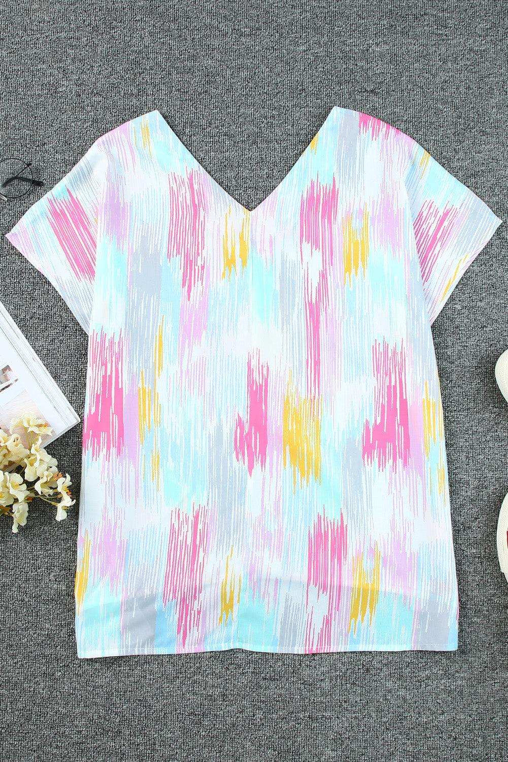 High-Low V-Neck Short Sleeve Blouse - Trendsi - Flyclothing LLC