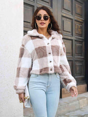 Plaid Dropped Shoulder Buttoned Jacket - Trendsi