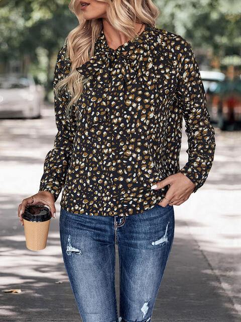 Printed Tie Neck Long Sleeve Top - Trendsi