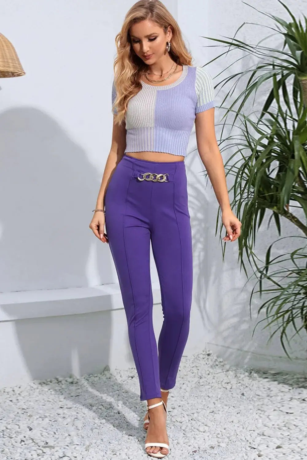 Chain Detail Slim Fit Cropped Pants - Trendsi - Flyclothing LLC