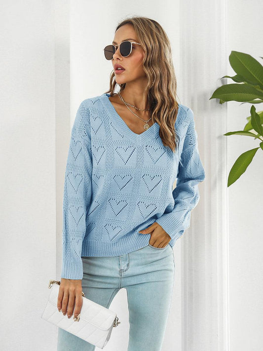 Openwork V-Neck Sweater - Trendsi
