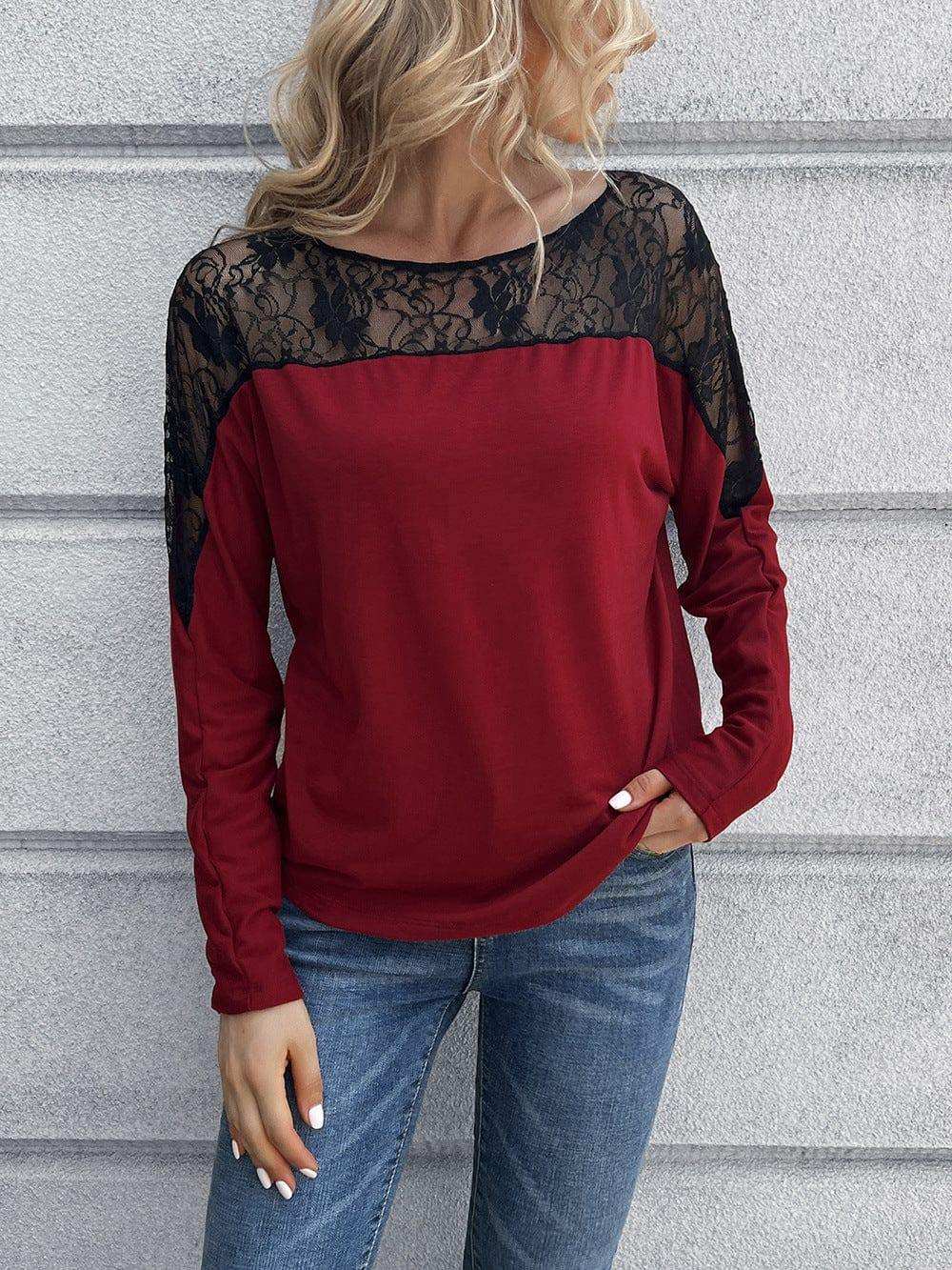 Lace Long Sleeve Round Neck Tee - Trendsi - Flyclothing LLC