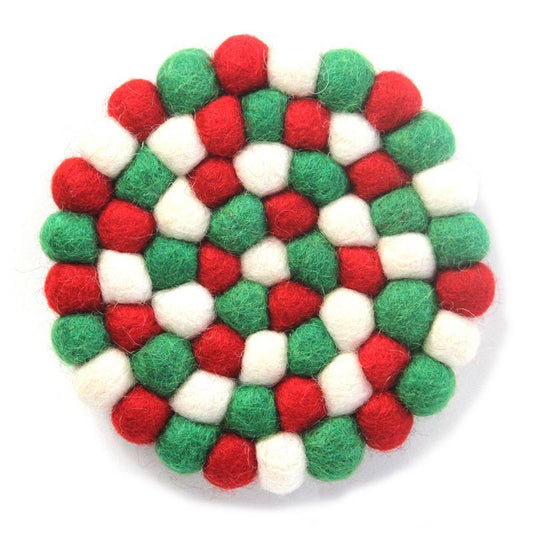 Hand Crafted Felt Ball Coasters from Nepal: 4-pack, White Christmas Multicolor - Global Groove (T) - Flyclothing LLC