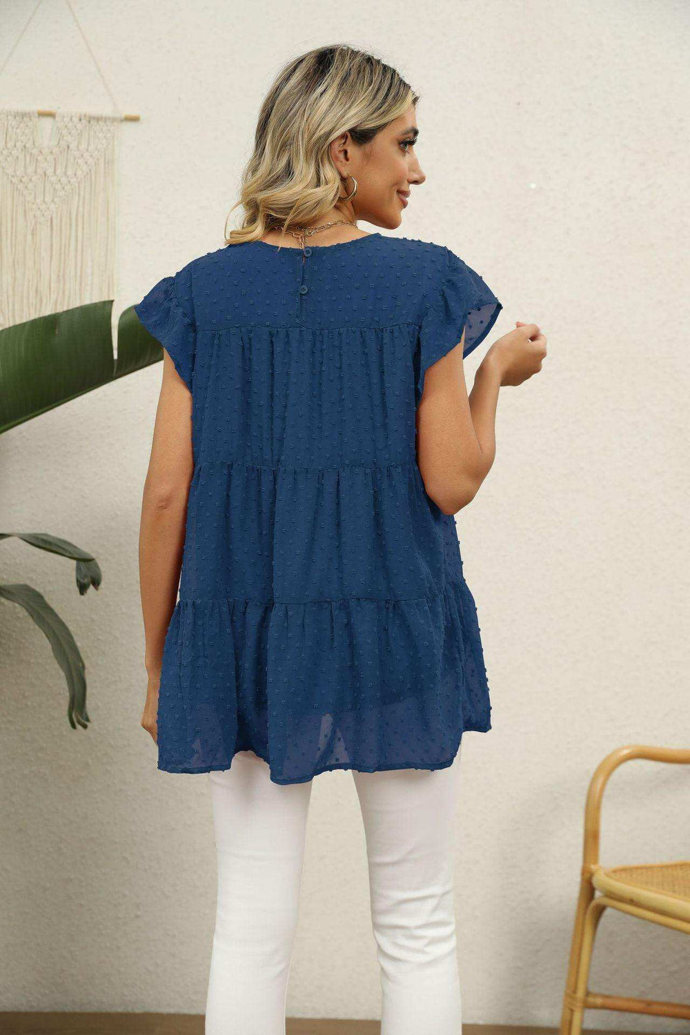 Swiss Dot Round Neck Tiered Blouse - Trendsi - Flyclothing LLC