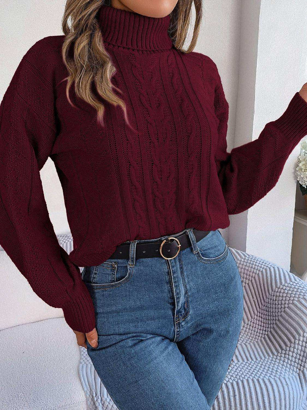 Cable-Knit Turtleneck Sweater - Trendsi - Flyclothing LLC