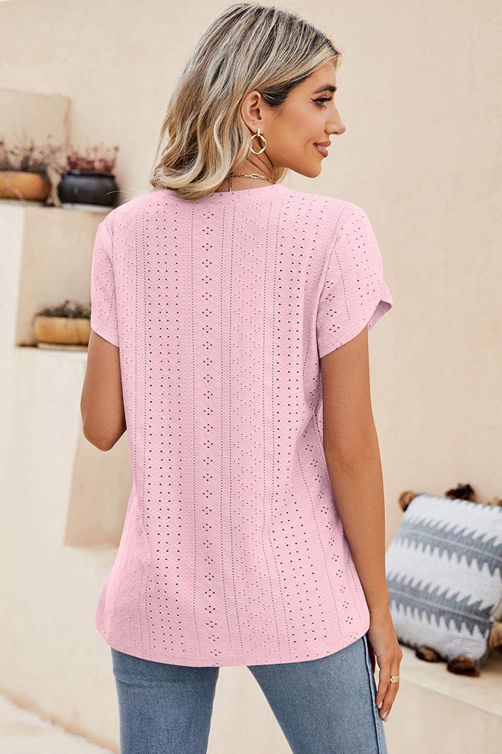 Eyelet V-Neck Petal Sleeve T-Shirt - Trendsi - Flyclothing LLC