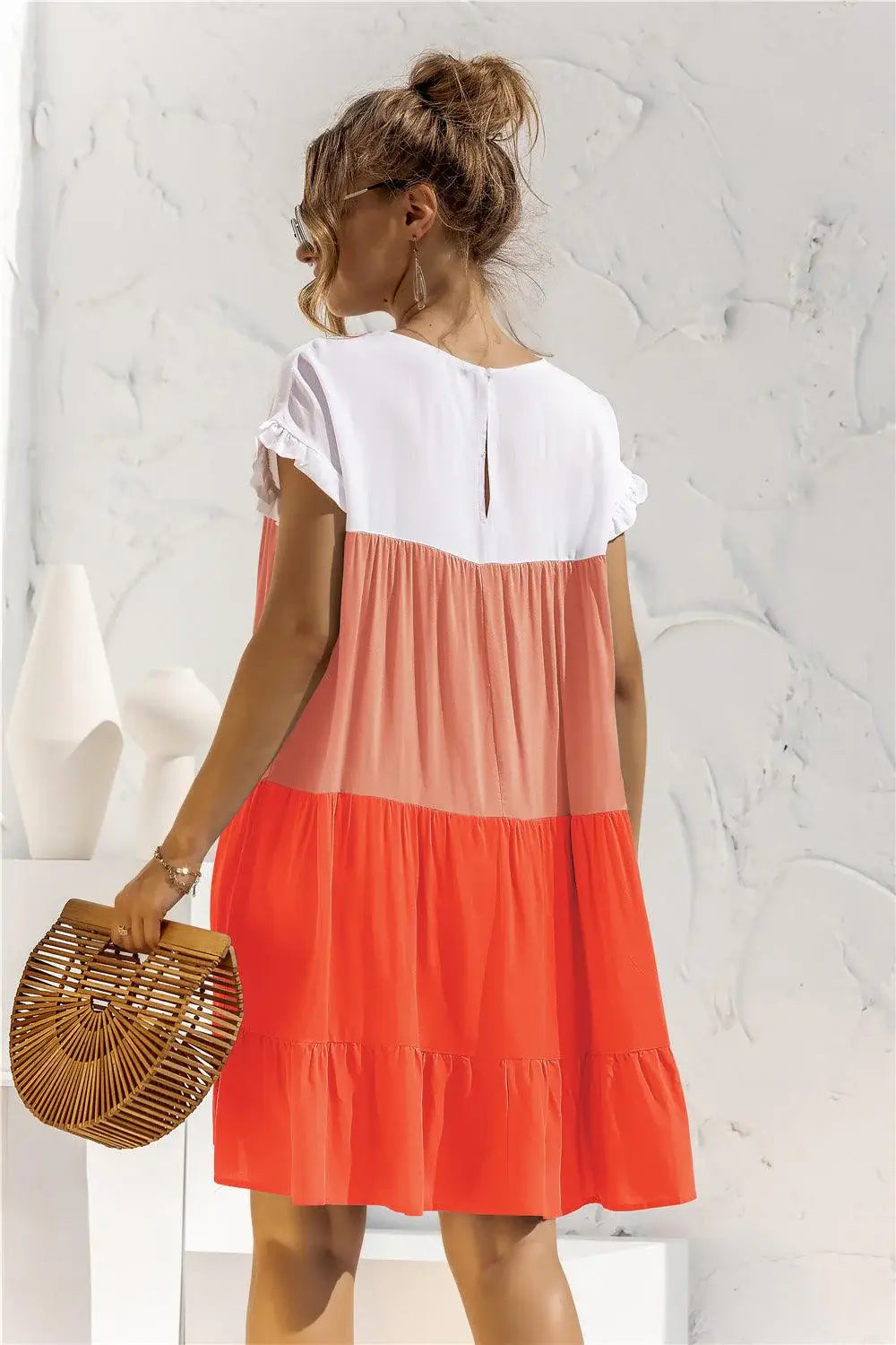 Color Block Round Neck Ruffle Hem Dress - Trendsi - Flyclothing LLC