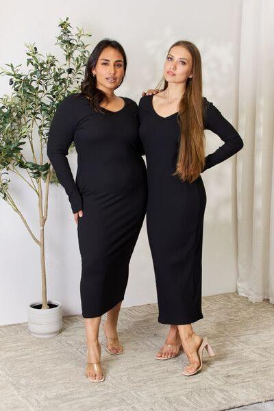 Culture Code Full Size Ribbed Long Sleeve Midi Slit Dress - Trendsi