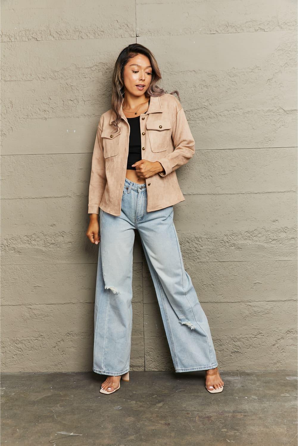 Button Down Collared Jacket - Trendsi