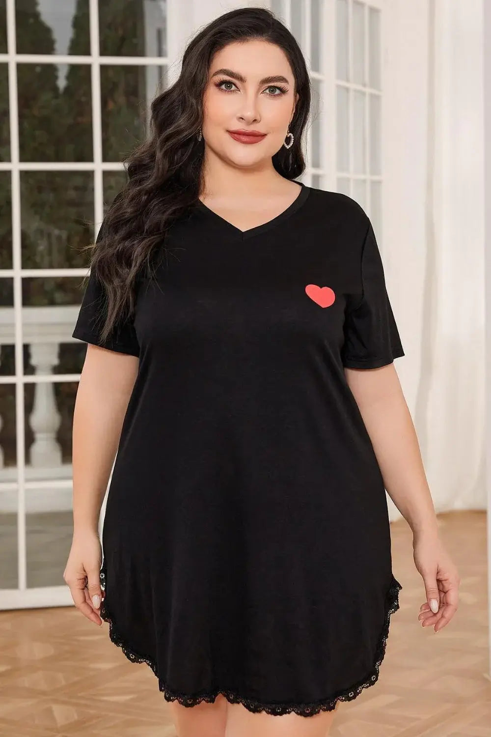 Plus Size Lace Trim V-Neck Short Sleeve Night Dress - Trendsi - Flyclothing LLC