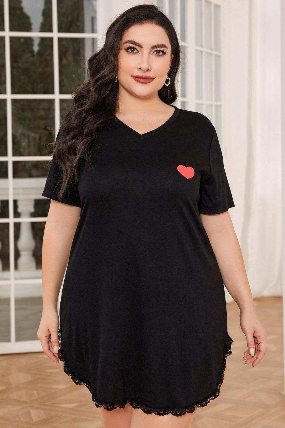 Plus Size Lace Trim V-Neck Short Sleeve Night Dress - Trendsi - Flyclothing LLC