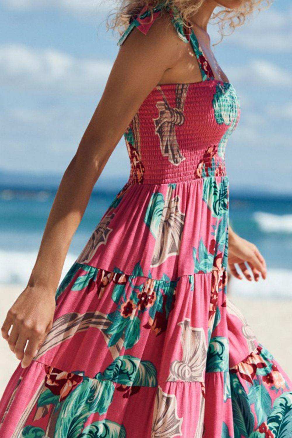 Floral Smocked Tie-Shoulder Tiered Dress - Trendsi - Flyclothing LLC
