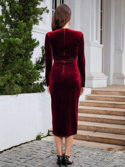Ruched Slit Surplice Wrap Dress - Trendsi - Flyclothing LLC