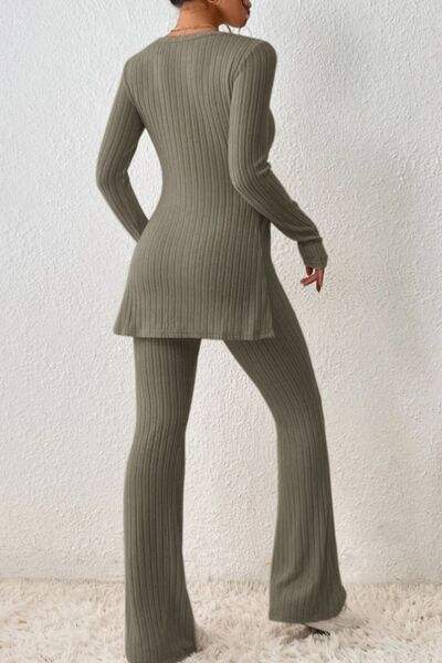 Ribbed Long Sleeve Slit Top and Bootcut Pants Set - Trendsi - Flyclothing LLC