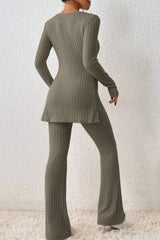 Ribbed Long Sleeve Slit Top and Bootcut Pants Set - Trendsi - Flyclothing LLC